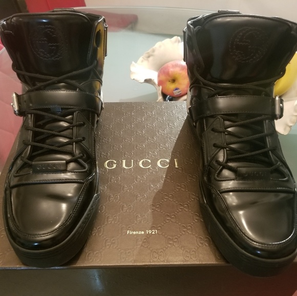 GUCCI SNEAKERS BLK LEATHER HIGH TOP BOOTS us/sz 10